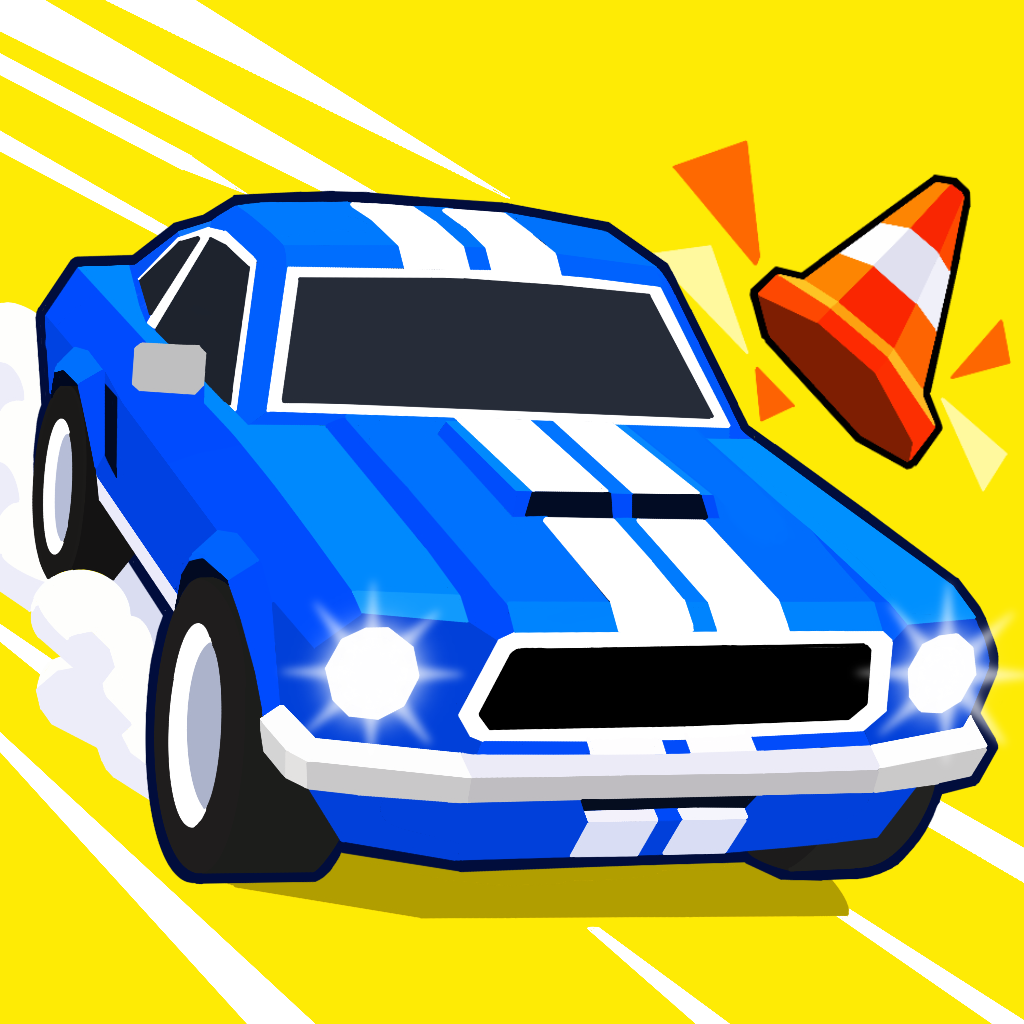 Wrong Way Highway game icon featuring a blue car and traffic cone